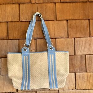 Woven Straw Tote with Light Blue Trim - Classic Beach Tote